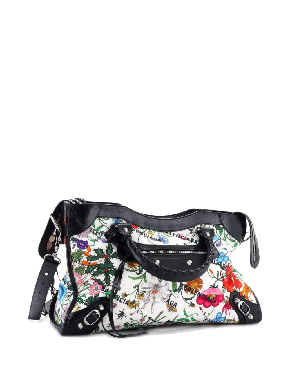 Pre-owned Gucci X Balenciaga The Hacker Project Neo Classic City Bag Flora Canvas Medium Shoulder Bag In Black