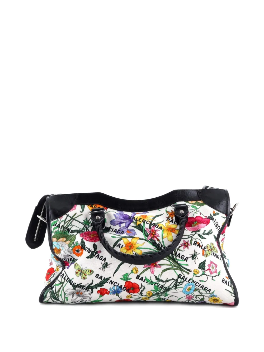 Pre-owned Gucci X Balenciaga The Hacker Project Neo Classic City Bag Flora Canvas Medium Shoulder Bag In Black