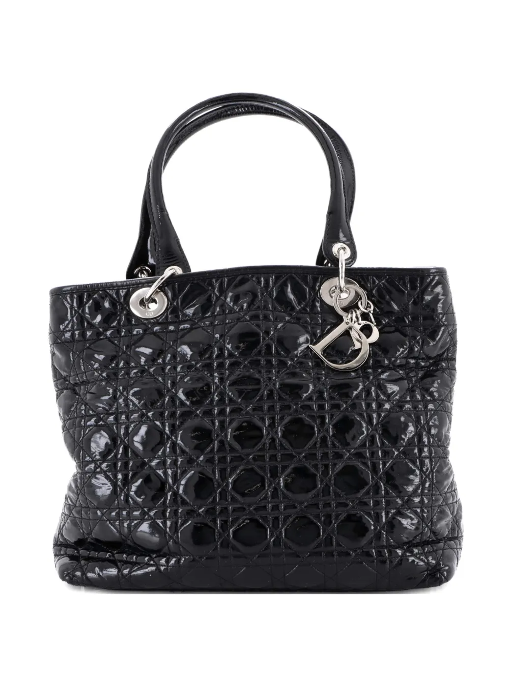 Pre-owned Dior Lady  Soft Cannage Quilt Patent Large Tote Bag In Black