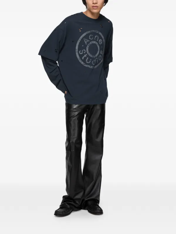 Acne Studios ダメージ 重ね着風 長袖 T シャツ ネイビー Acne Studios Layered logo-print Distressed T-shirt | Blue | FARFETCH