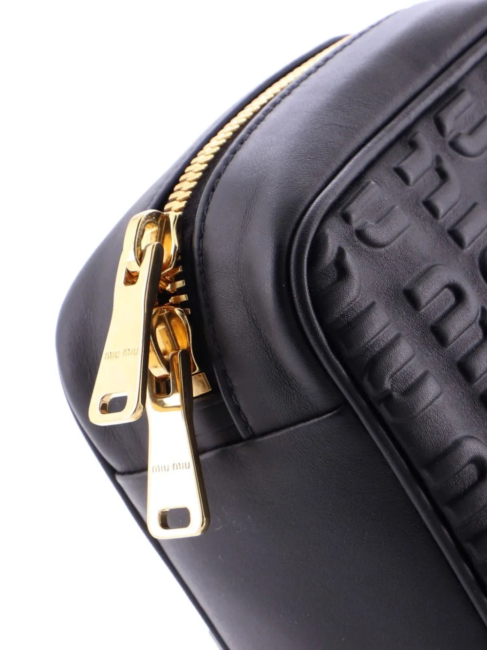 MIU MIU Pre-owned Softy Chain Camera Bag Logo Embossed Leather Medium Shoulder Bag In Black