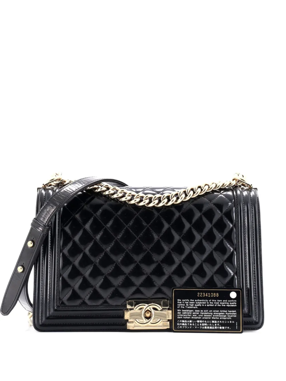 Click to view more detailed imagery on our partner's website Pre-owned Chanel Boy Flap Bag Quilted Patent New Medium Shoulder Bag In Black