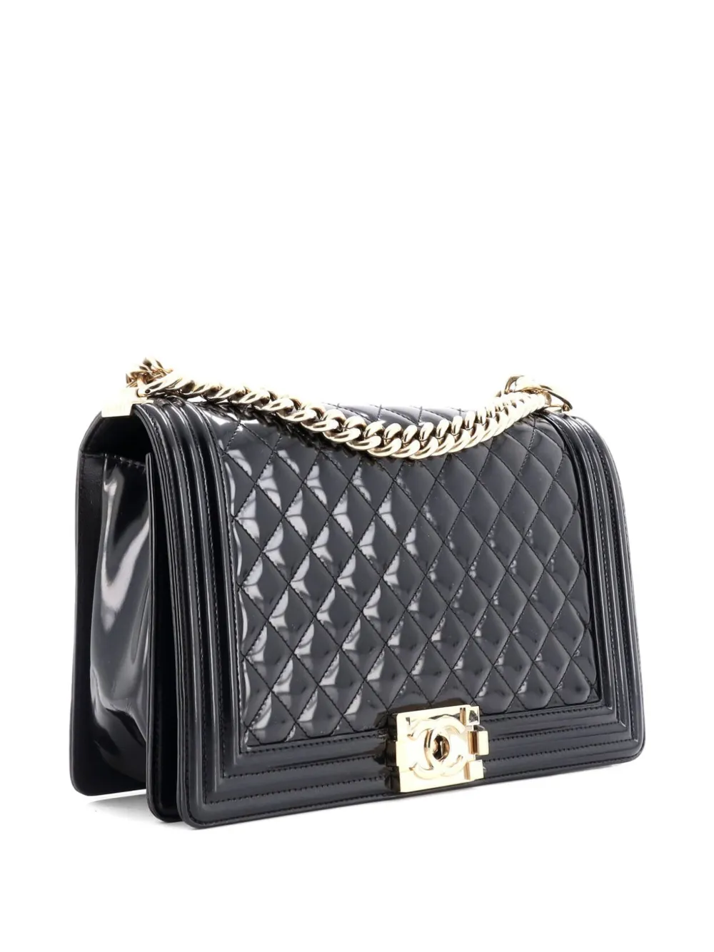 CHANEL Pre-owned Boy Flap Bag Quilted Patent New Medium Shoulder Bag In Black
