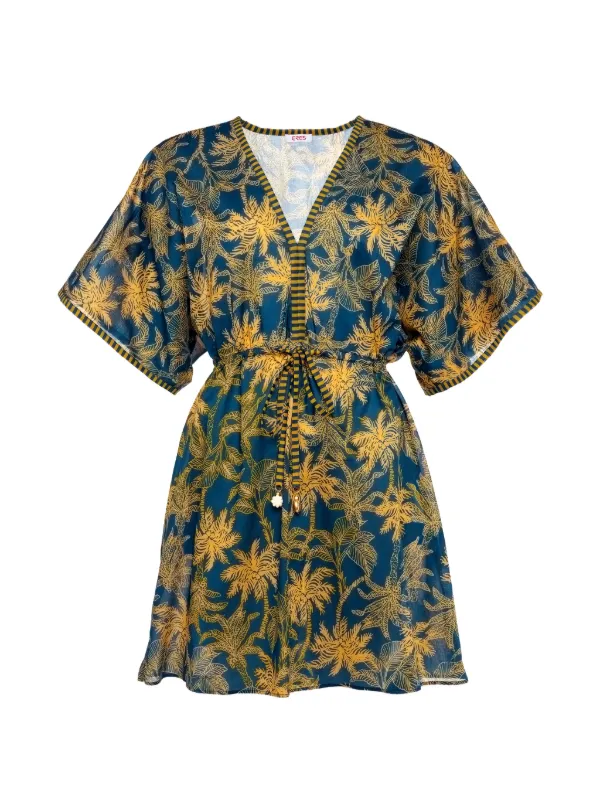 Eres Peninsule Palm-print Drawstring-waist Mini Dress in Blue