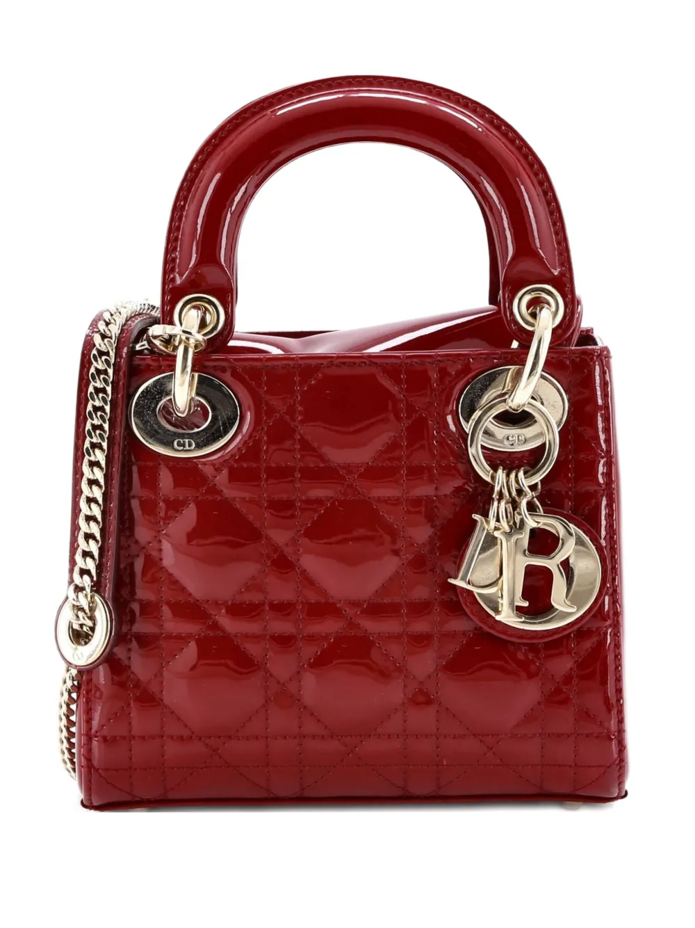Pre-owned Dior Lady  Chain Bag Cannage Quilt Patent Mini Satchel In Red