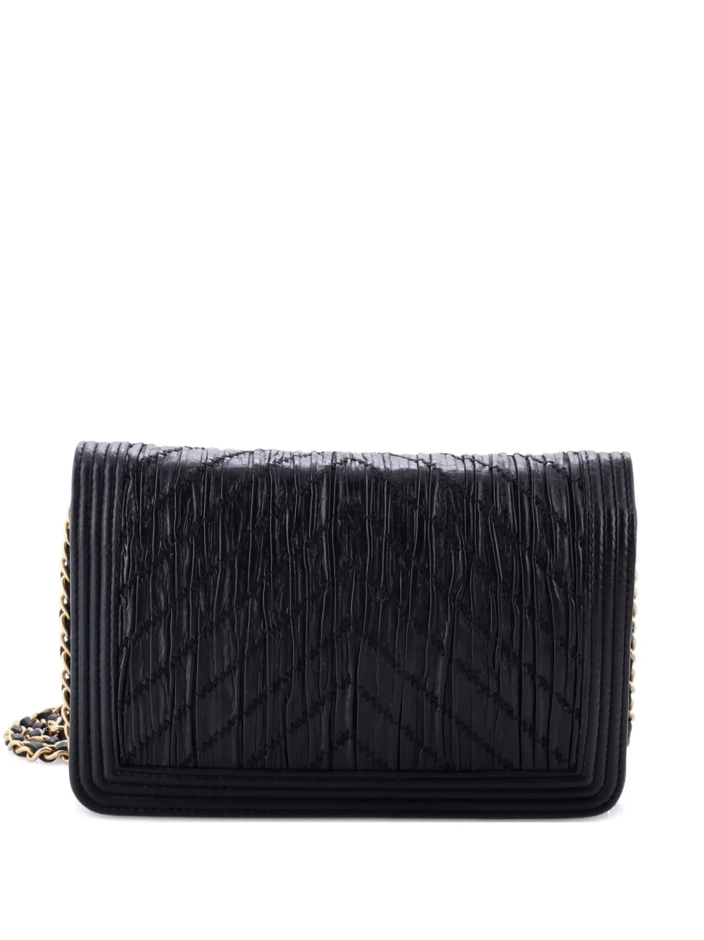 Click to view more detailed imagery on our partner's website Pre-owned Chanel Coco Pleats Boy Wallet On Chain Pleated Crumpled Calfskin Clutch Bag In Black
