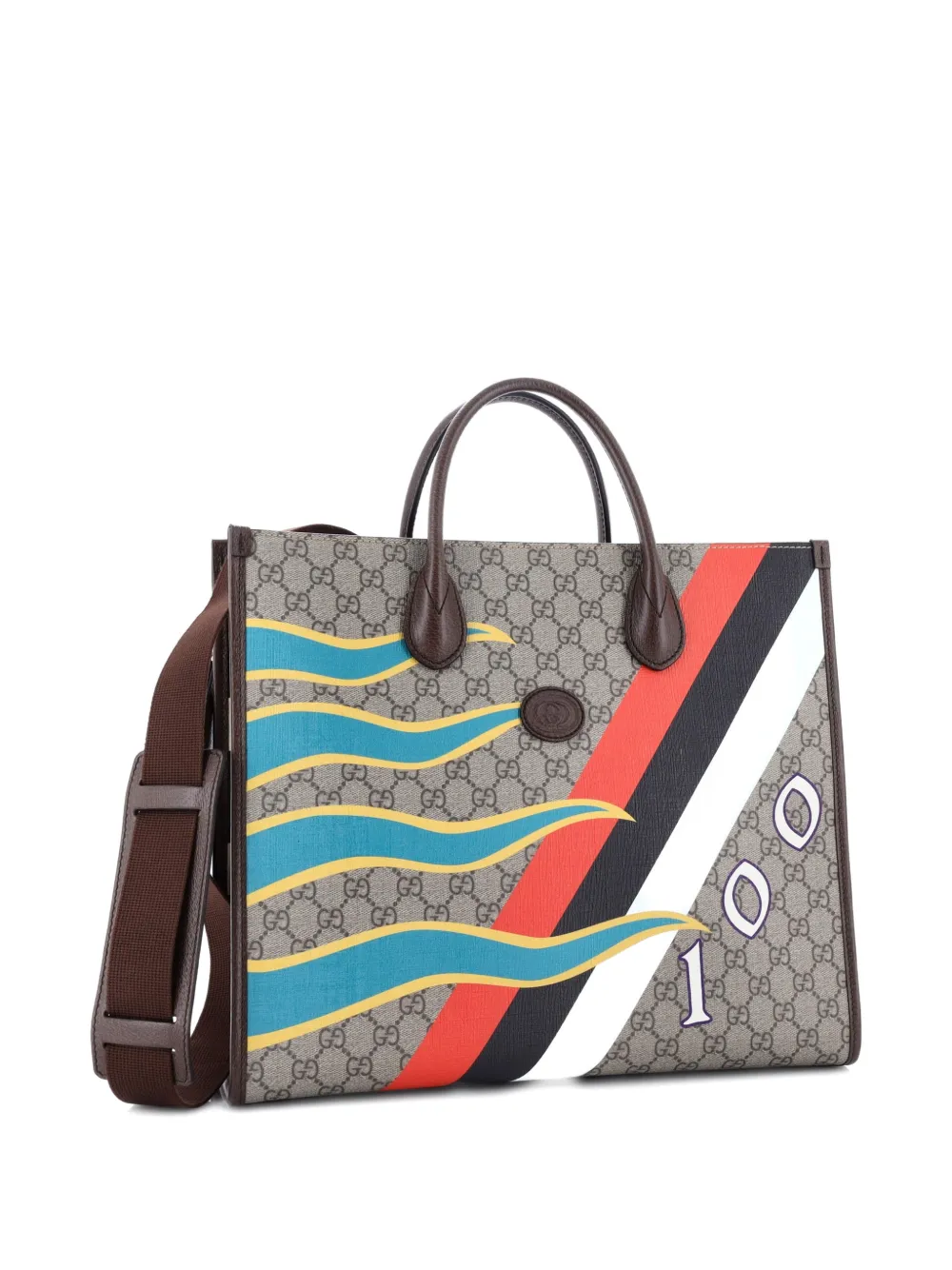 Pre-owned Gucci Interlocking G Patch Convertible Printed Gg Coated Canvas Medium Tote Bag In Brown