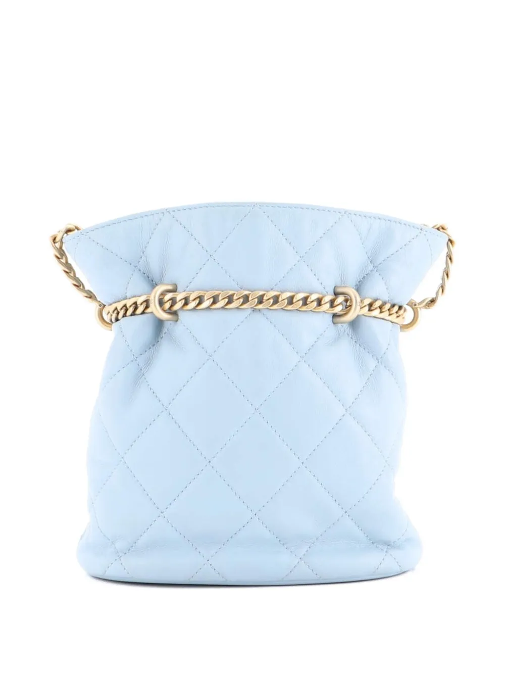 Pre-owned Chanel Pending Cc Drawstring Quilted Lambskin Small Bucket Bag In Blue