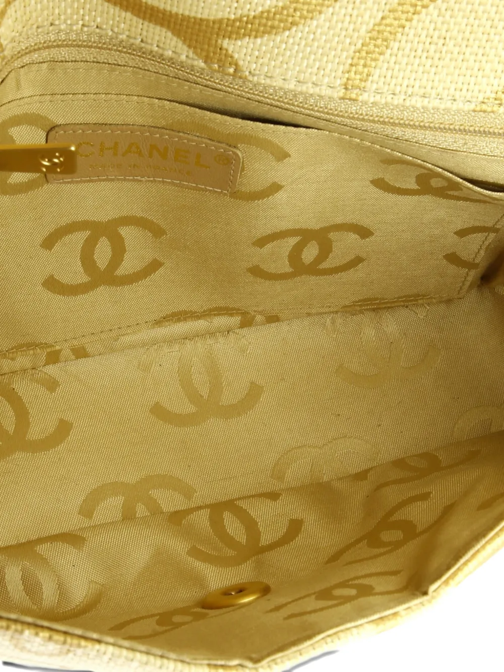 Pre-owned Chanel Camellia Single Flap Bag Printed Raffia Medium Shoulder Bag In Gold