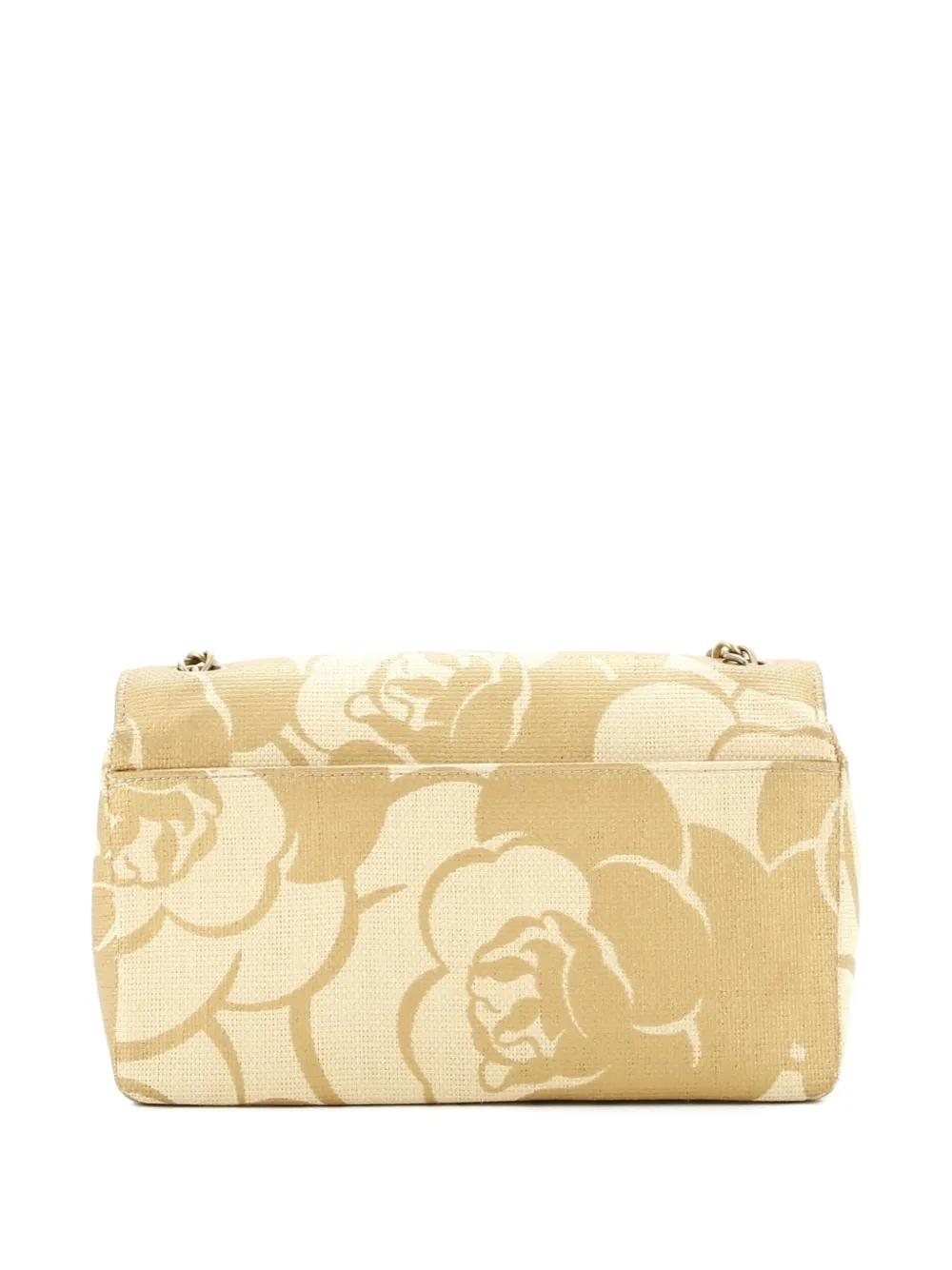 Pre-owned Chanel Camellia Single Flap Bag Printed Raffia Medium Shoulder Bag In Gold