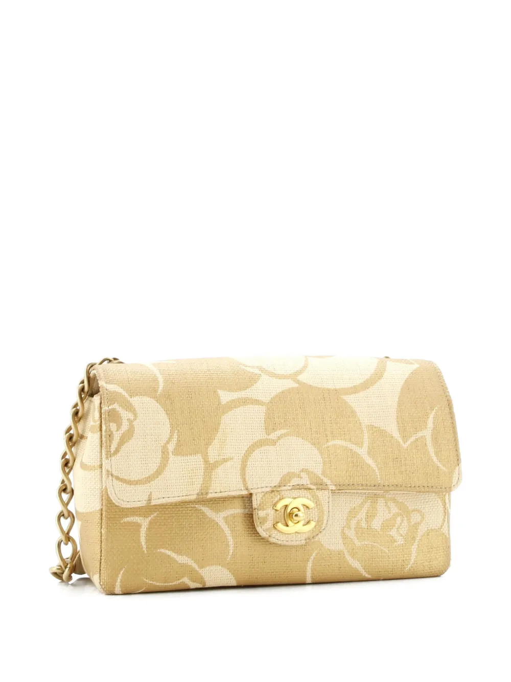 Pre-owned Chanel Camellia Single Flap Bag Printed Raffia Medium Shoulder Bag In Gold