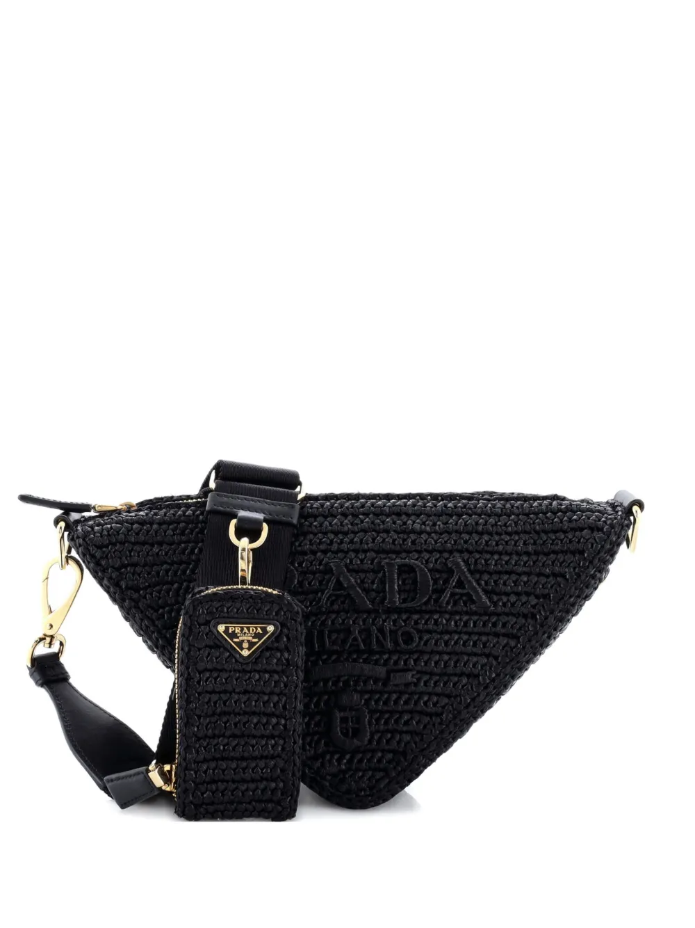 Prada Pre-Owned Triangle Logo Zip Crochet Raffia Small crossbody bag - Nero