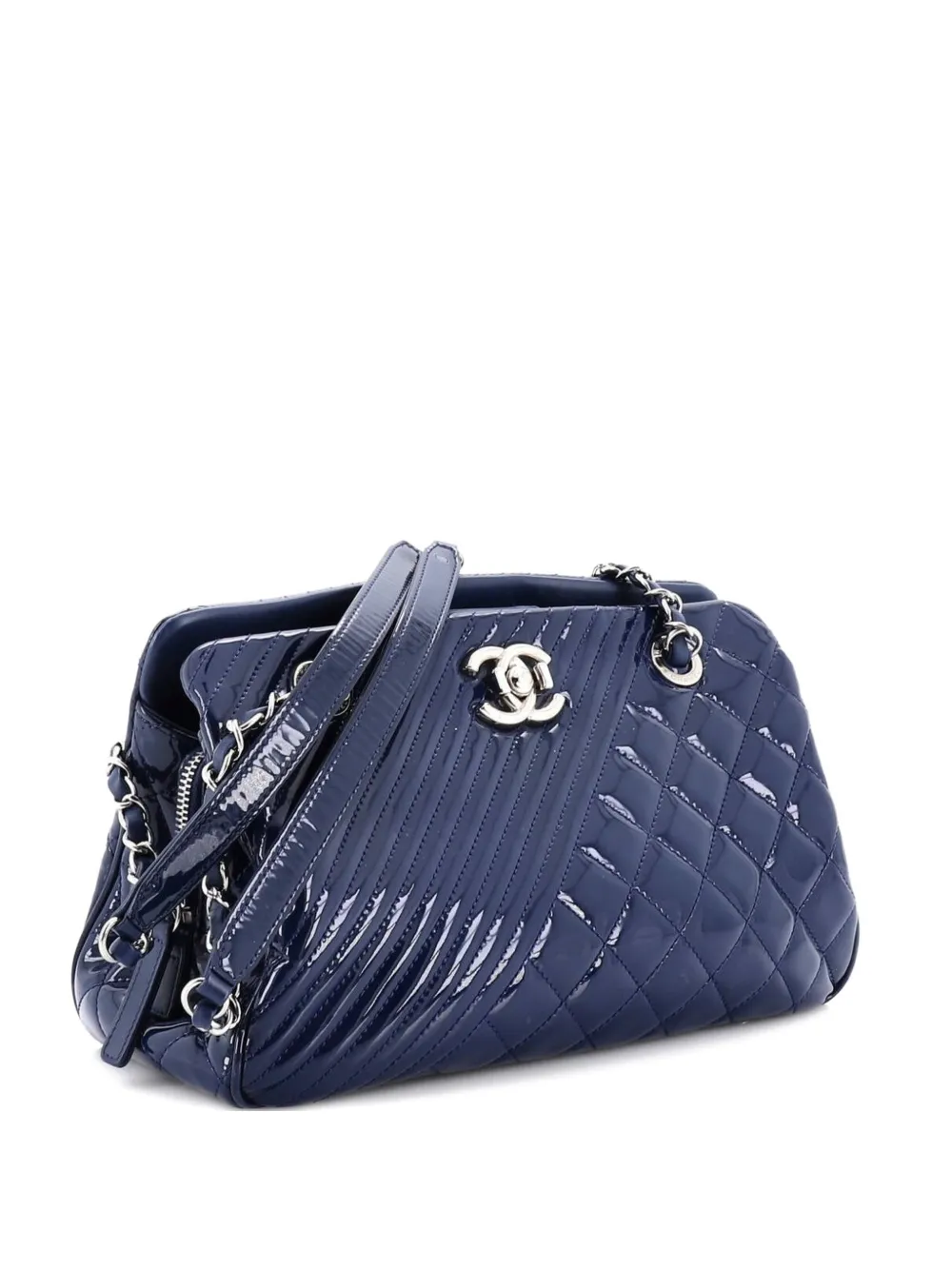 Click to view more detailed imagery on our partner's website Pre-owned Chanel Coco Boy Tote Quilted Patent Medium Shoulder Bag In Blue