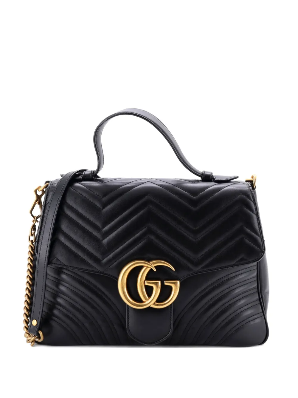 Click to view more detailed imagery on our partner's website Pre-owned Gucci Gg Marmont Top Handle Flap Bag Matelasse Leather Medium Satchel In Black
