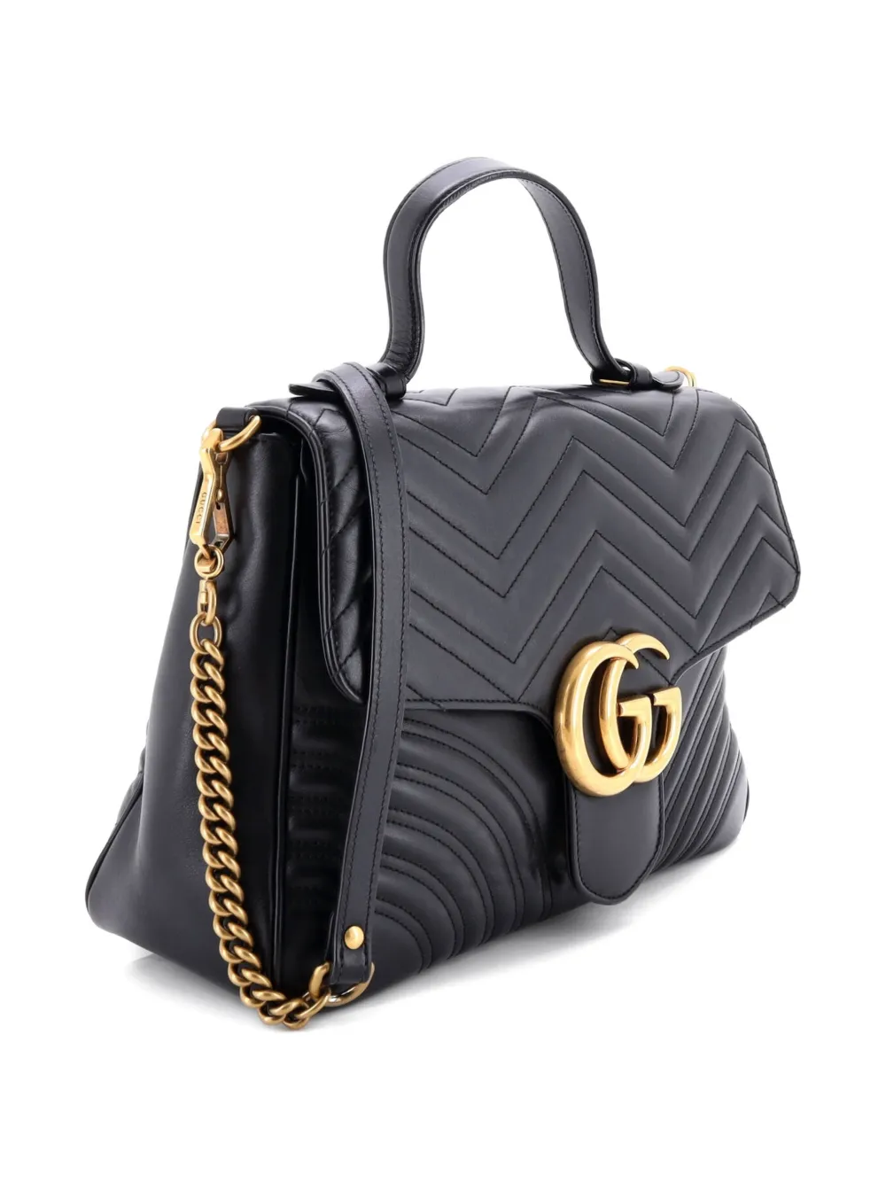 GUCCI Pre-owned Gg Marmont Top Handle Flap Bag Matelasse Leather Medium Satchel In Black