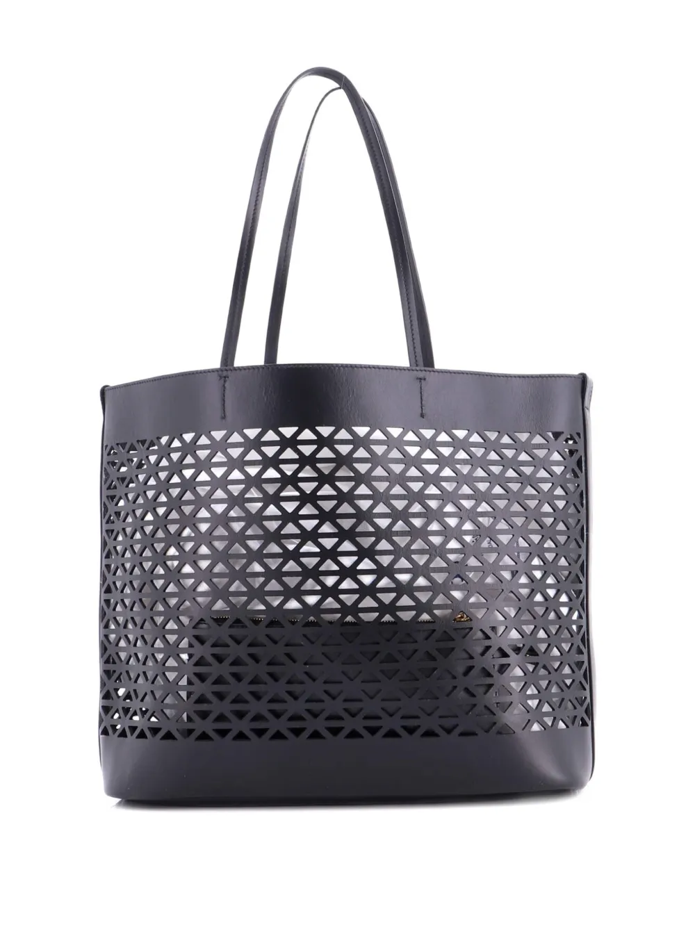 Pre-owned Prada Triangle Logo Shopper Tote Laser Cut Leather Medium Shoulder Bag In Black