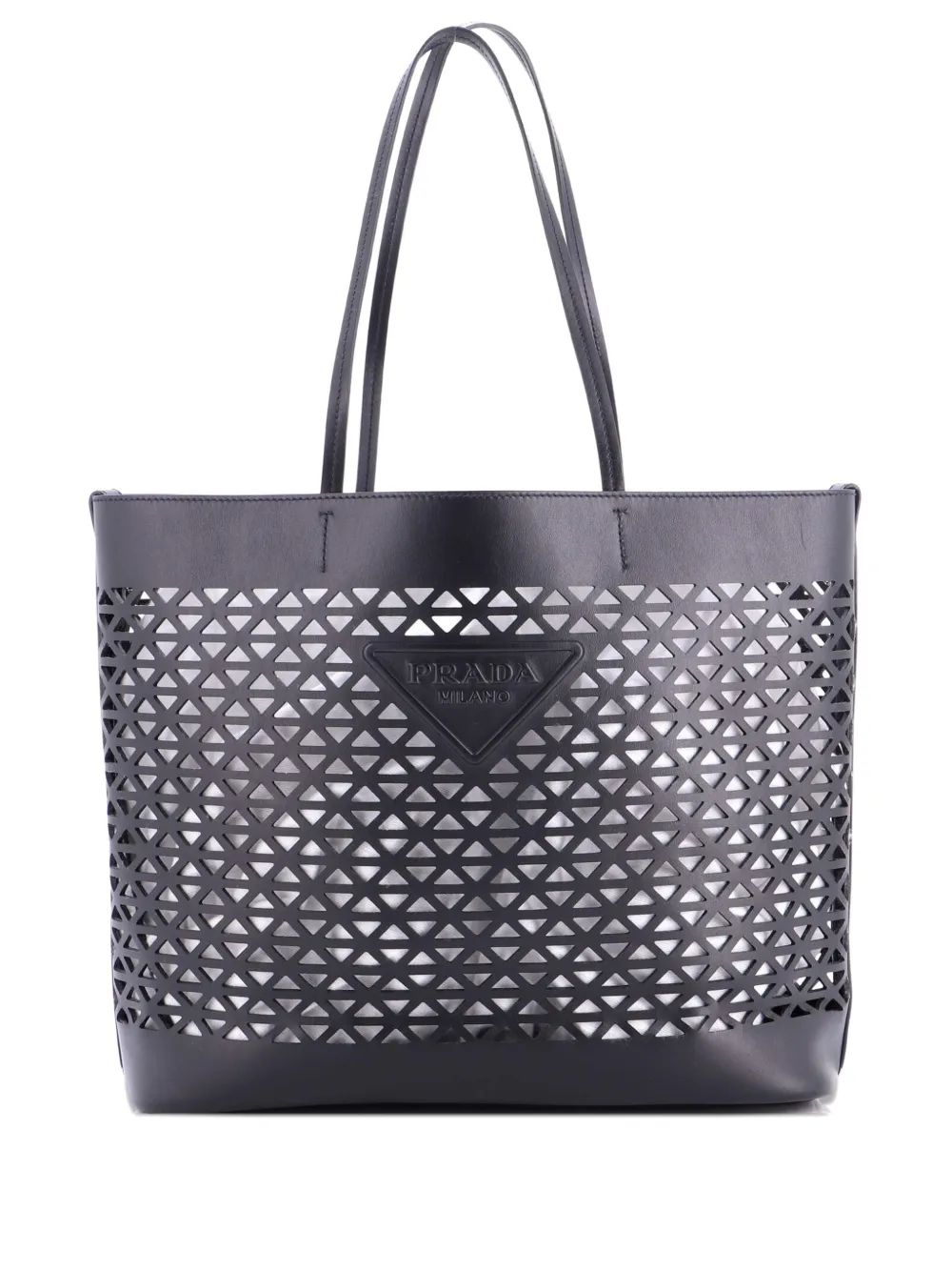 Pre-owned Prada Triangle Logo Shopper Tote Laser Cut Leather Medium Shoulder Bag In Black