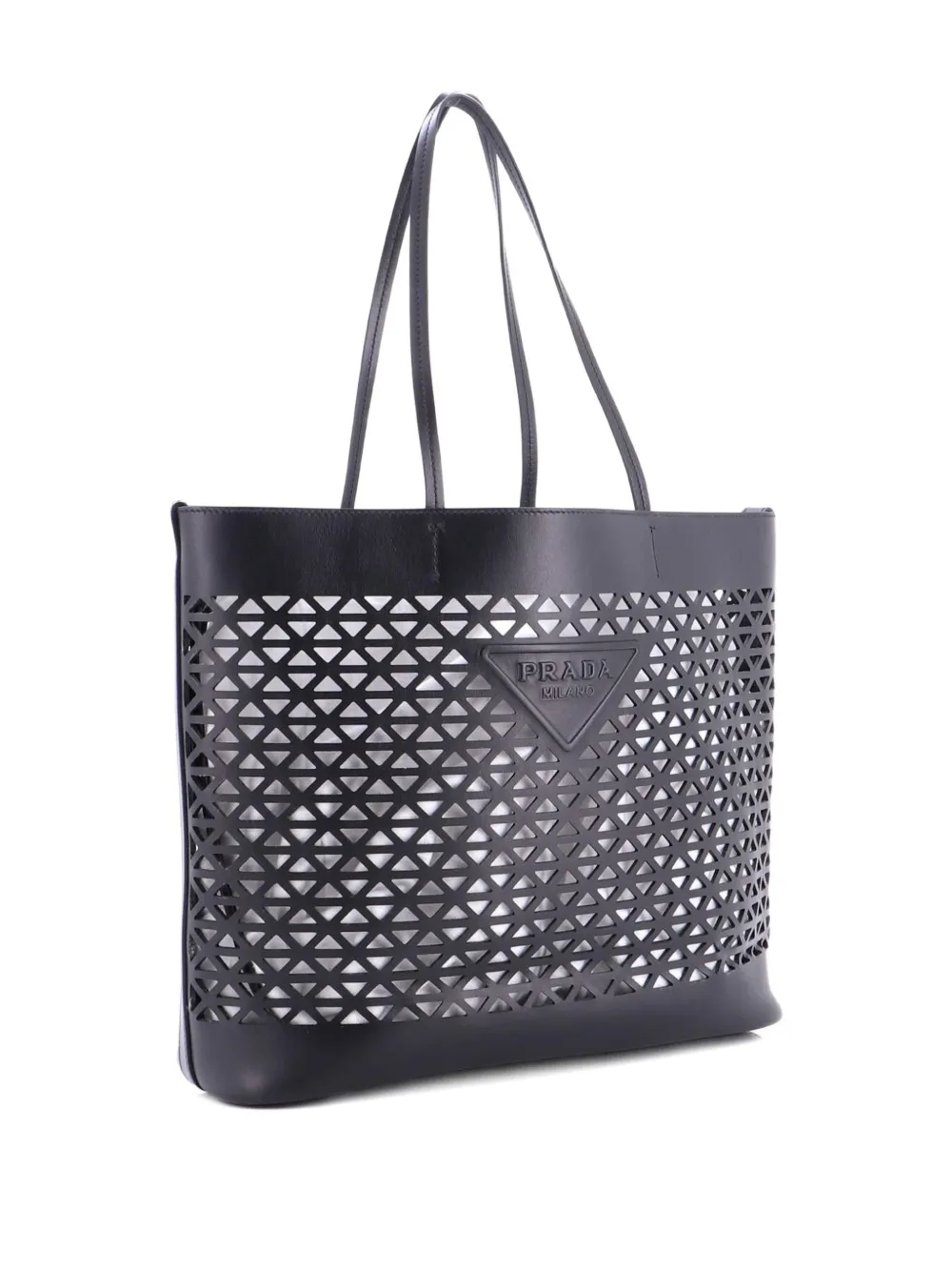 Pre-owned Prada Triangle Logo Shopper Tote Laser Cut Leather Medium Shoulder Bag In Black