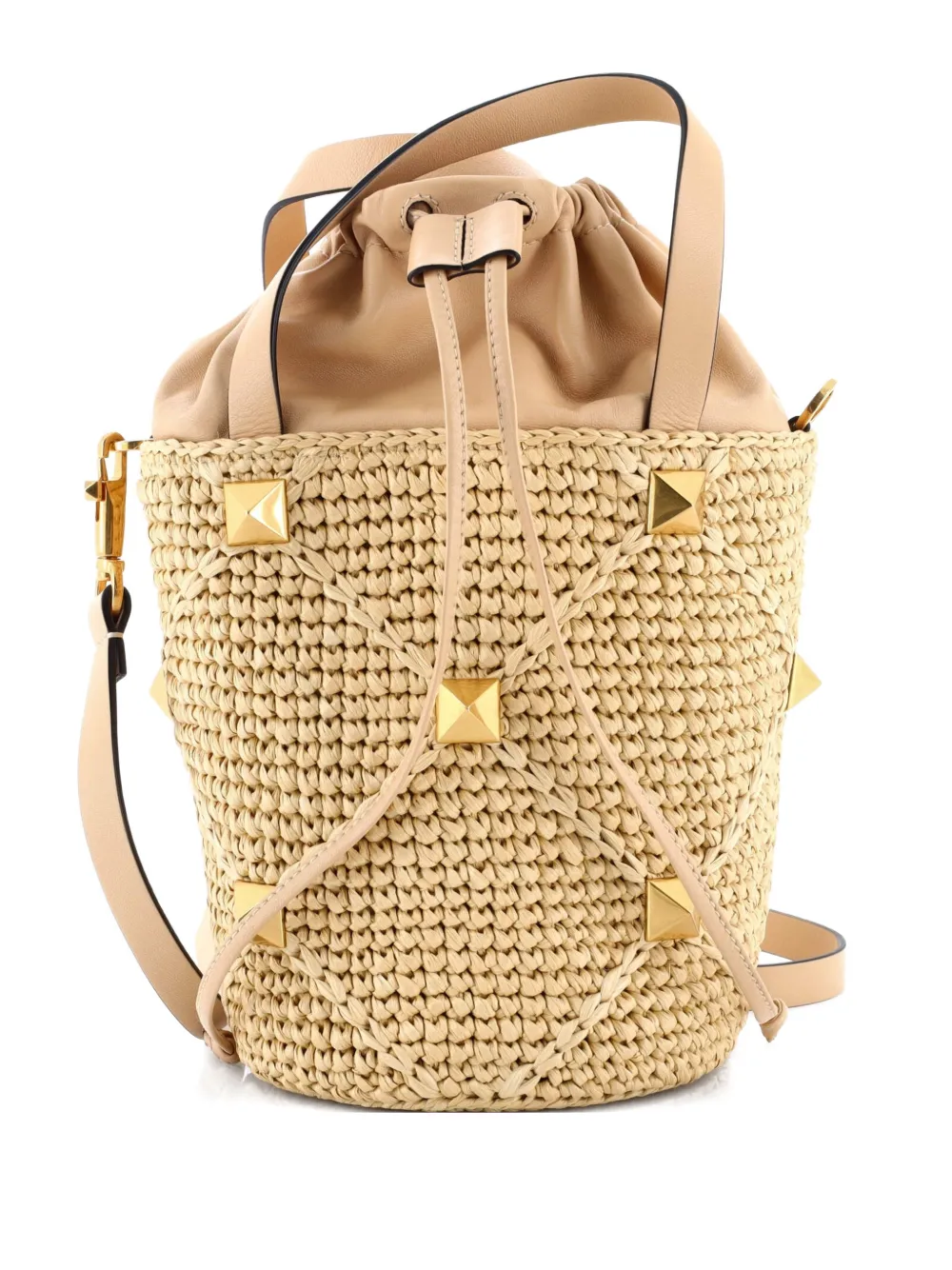 Pre-owned Valentino Garavani Roman Stud Raffia And Leather Bucket Bag In Neutral