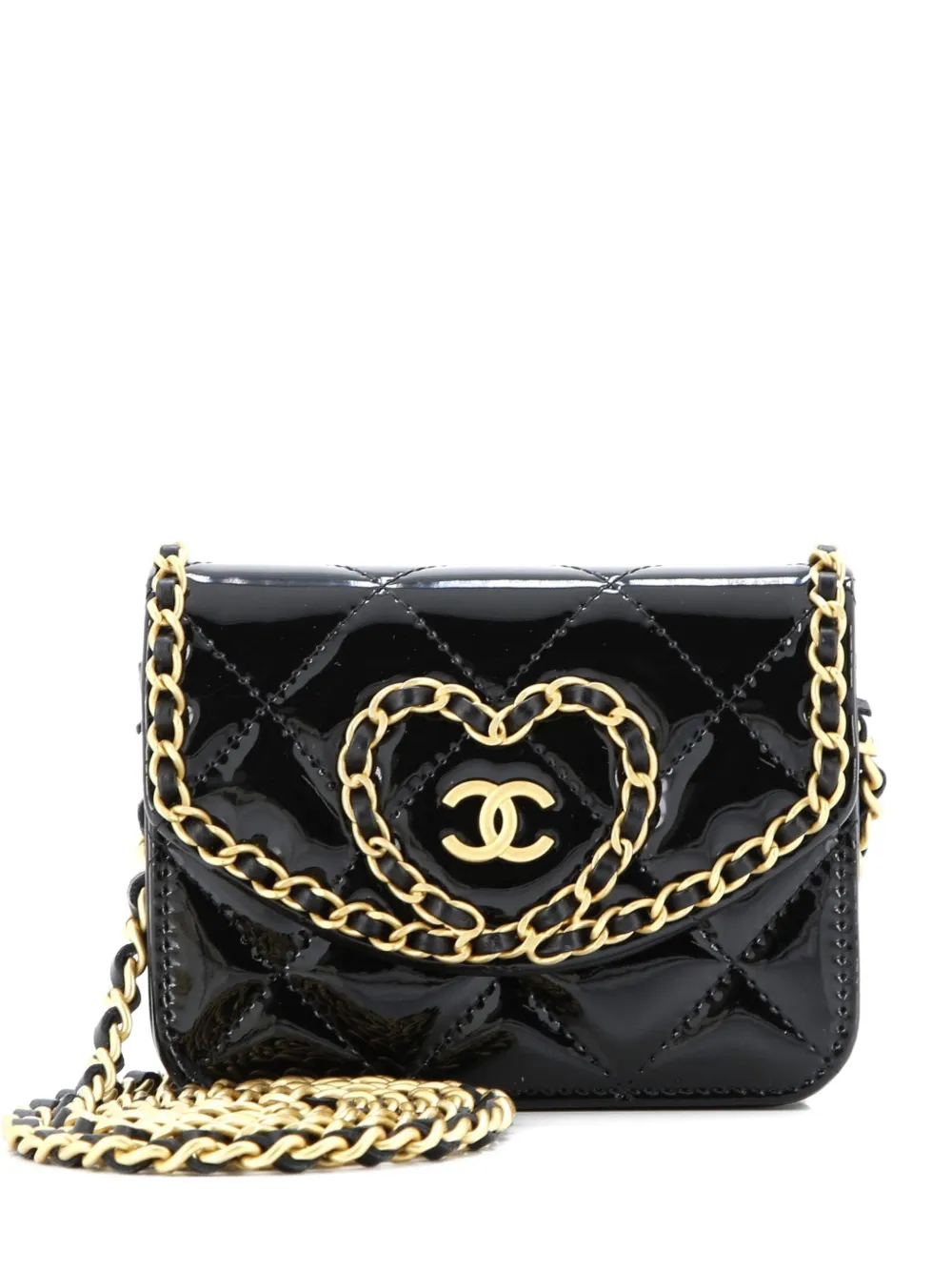 CHANEL Pre-Owned Heart Chain Flap Bag Quilted Patent Mini crossbody bag - Nero