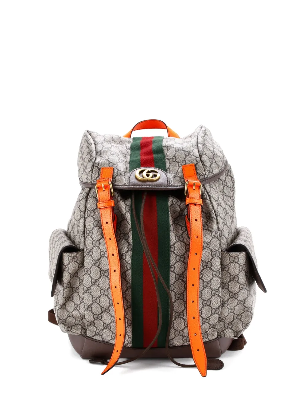 Pre-owned Gucci Ophidia Flap Gg Coated Canvas Medium Backpack In Brown