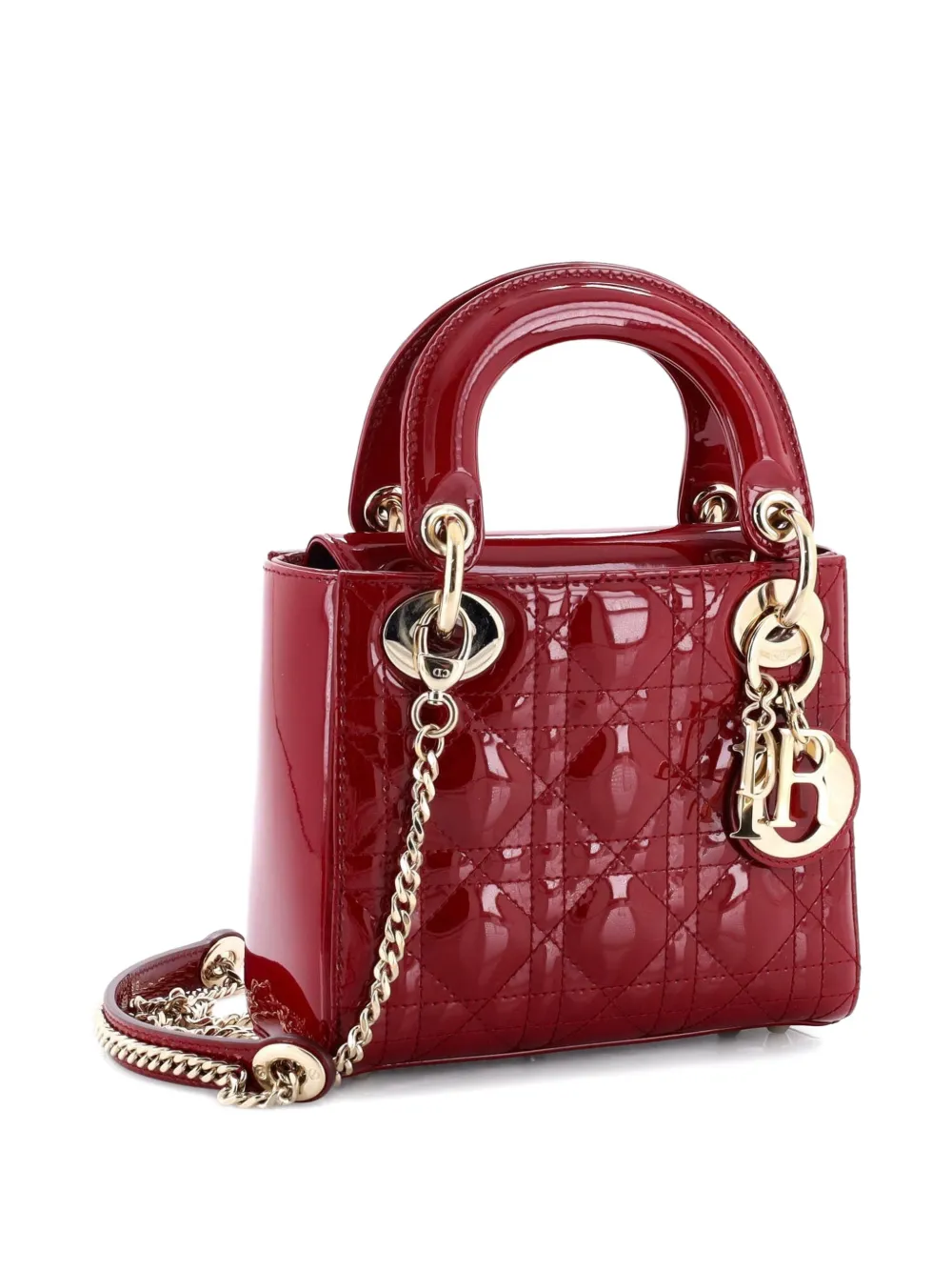 Pre-owned Dior Lady  Chain Bag Cannage Quilt Patent Mini Satchel In Red