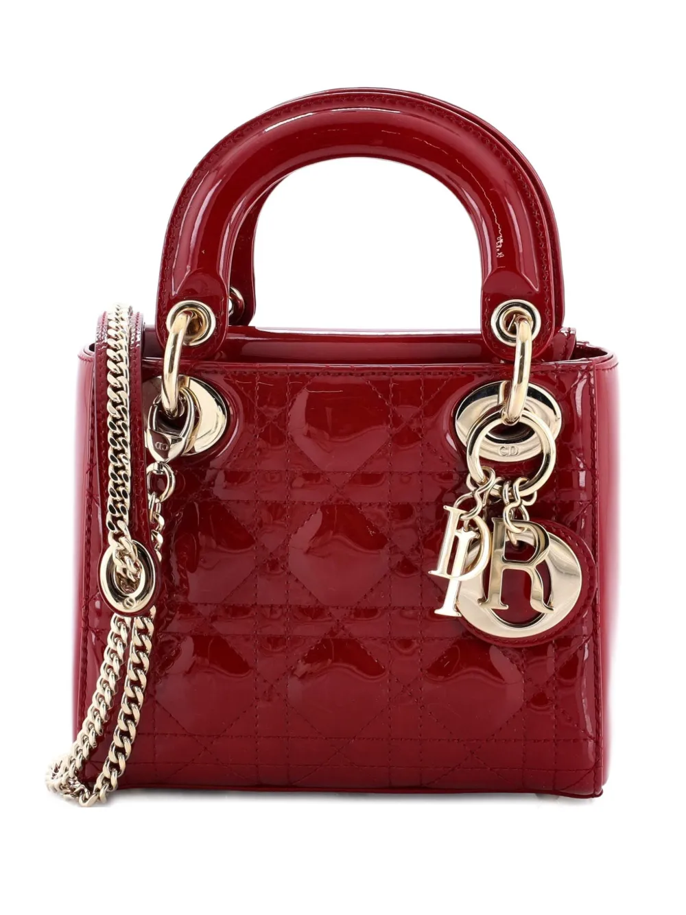 Pre-owned Dior Lady  Chain Bag Cannage Quilt Patent Mini Satchel In Red