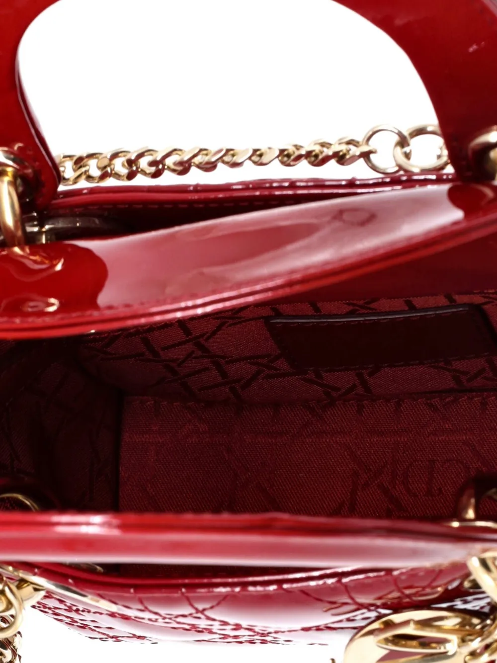 Pre-owned Dior Lady  Chain Bag Cannage Quilt Patent Mini Satchel In Red