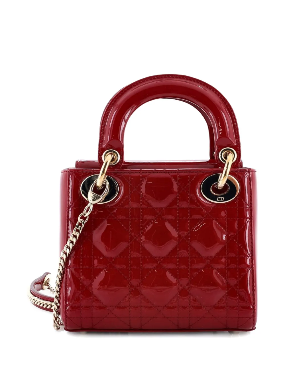 Pre-owned Dior Lady  Chain Bag Cannage Quilt Patent Mini Satchel In Red