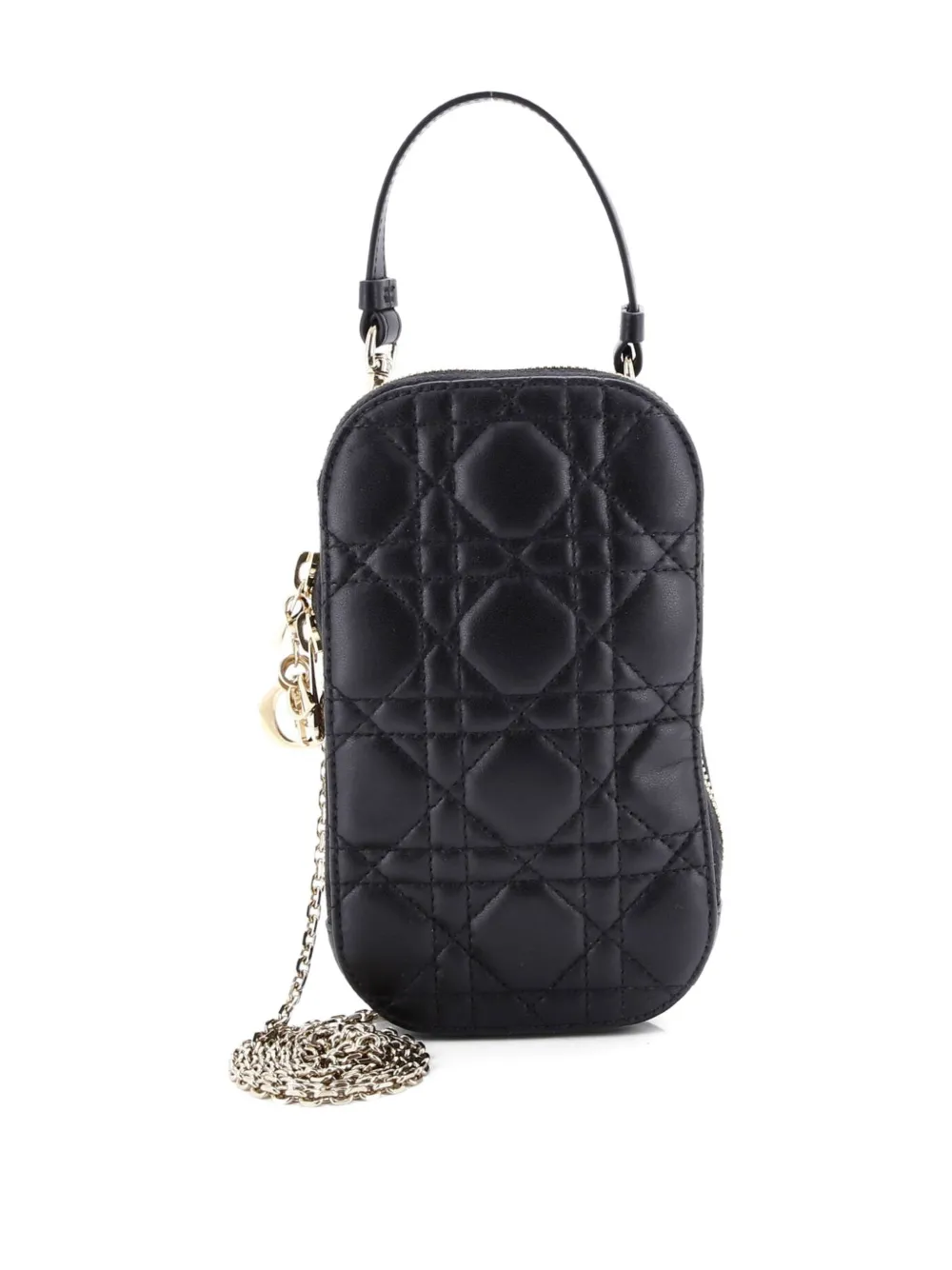 Pre-owned Dior Lady Phone Holder On Chain Cannage Quilt Lambskin Crossbody Bag In Black