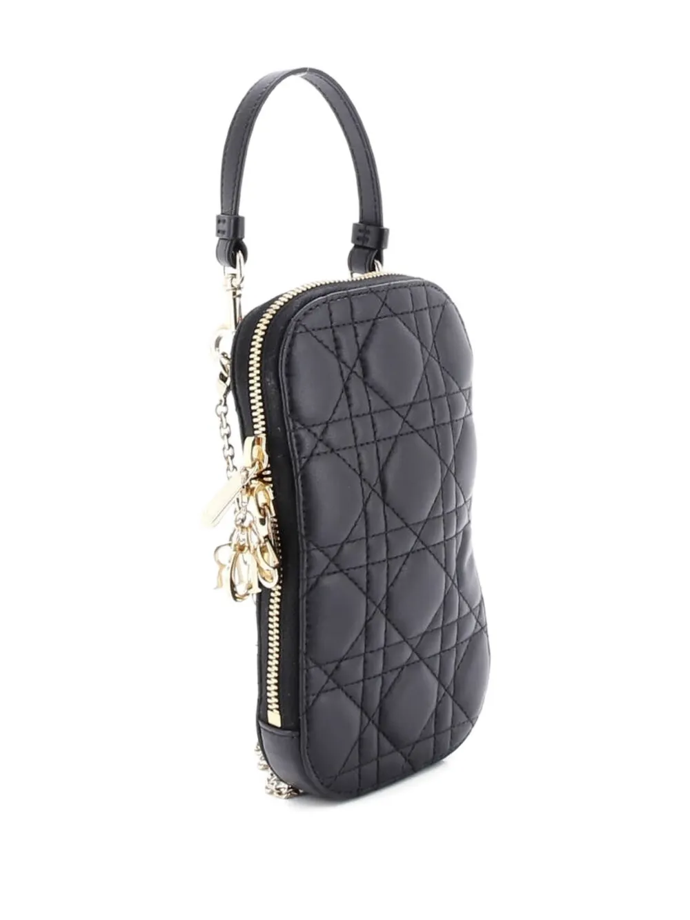 DIOR Pre-owned Lady Phone Holder On Chain Cannage Quilt Lambskin Crossbody Bag In Black