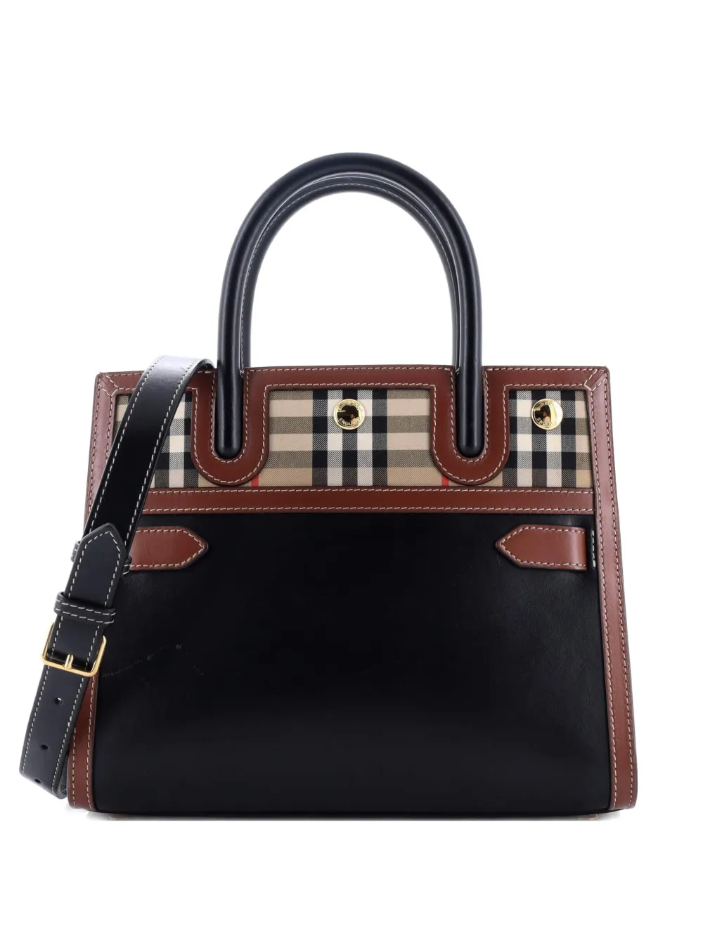 Pre-owned Burberry Title Two Handle Tote Leather With Vintage Check Canvas Mini Satchel In Black