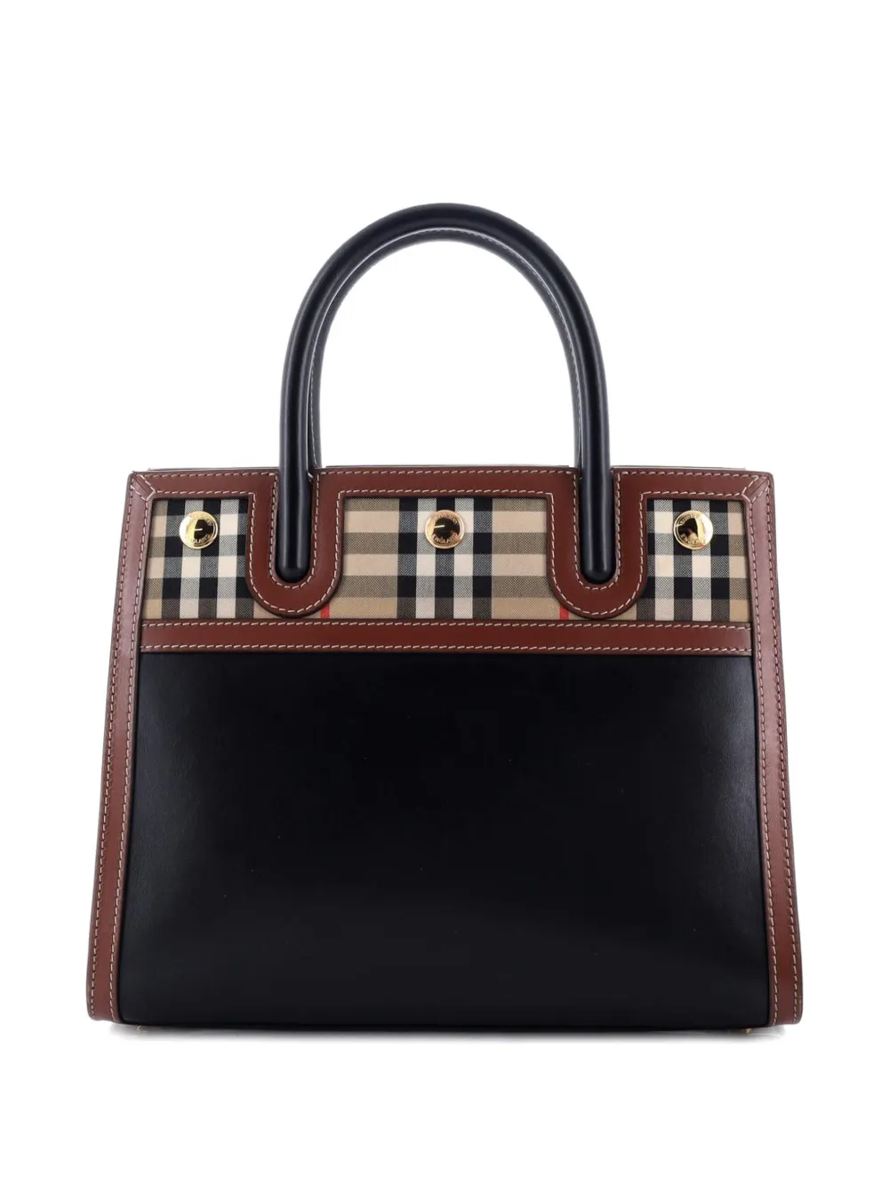 Pre-owned Burberry Title Two Handle Tote Leather With Vintage Check Canvas Mini Satchel In Black