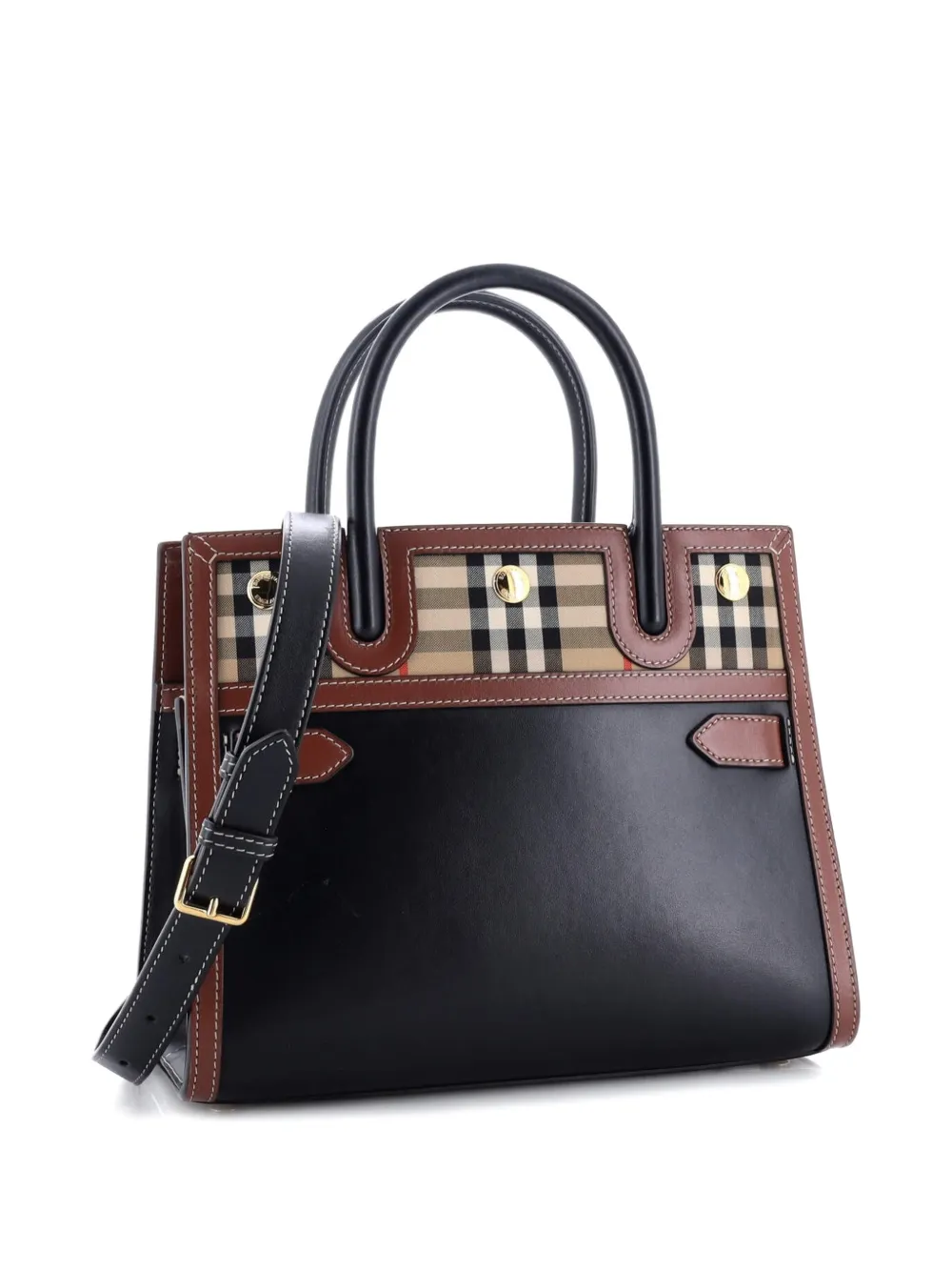 Pre-owned Burberry Title Two Handle Tote Leather With Vintage Check Canvas Mini Satchel In Black