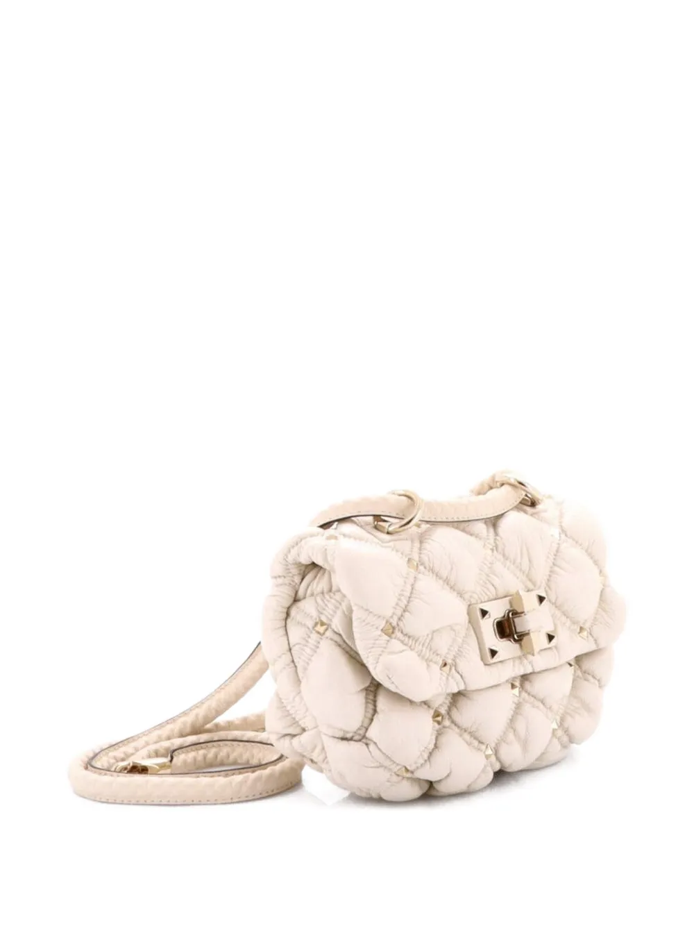 Pre-owned Valentino Garavani Spikeme Flap Bag Quilted Leather Small Crossbody Bag In Neutral