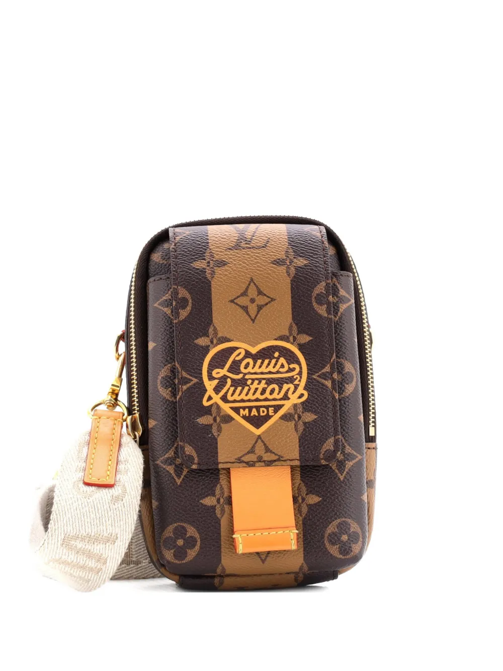 Pre-owned Louis Vuitton Nigo Flap Double Phone Pouch Limited Edition Stripes Monogram Canvas Crossbody Bag In Brown