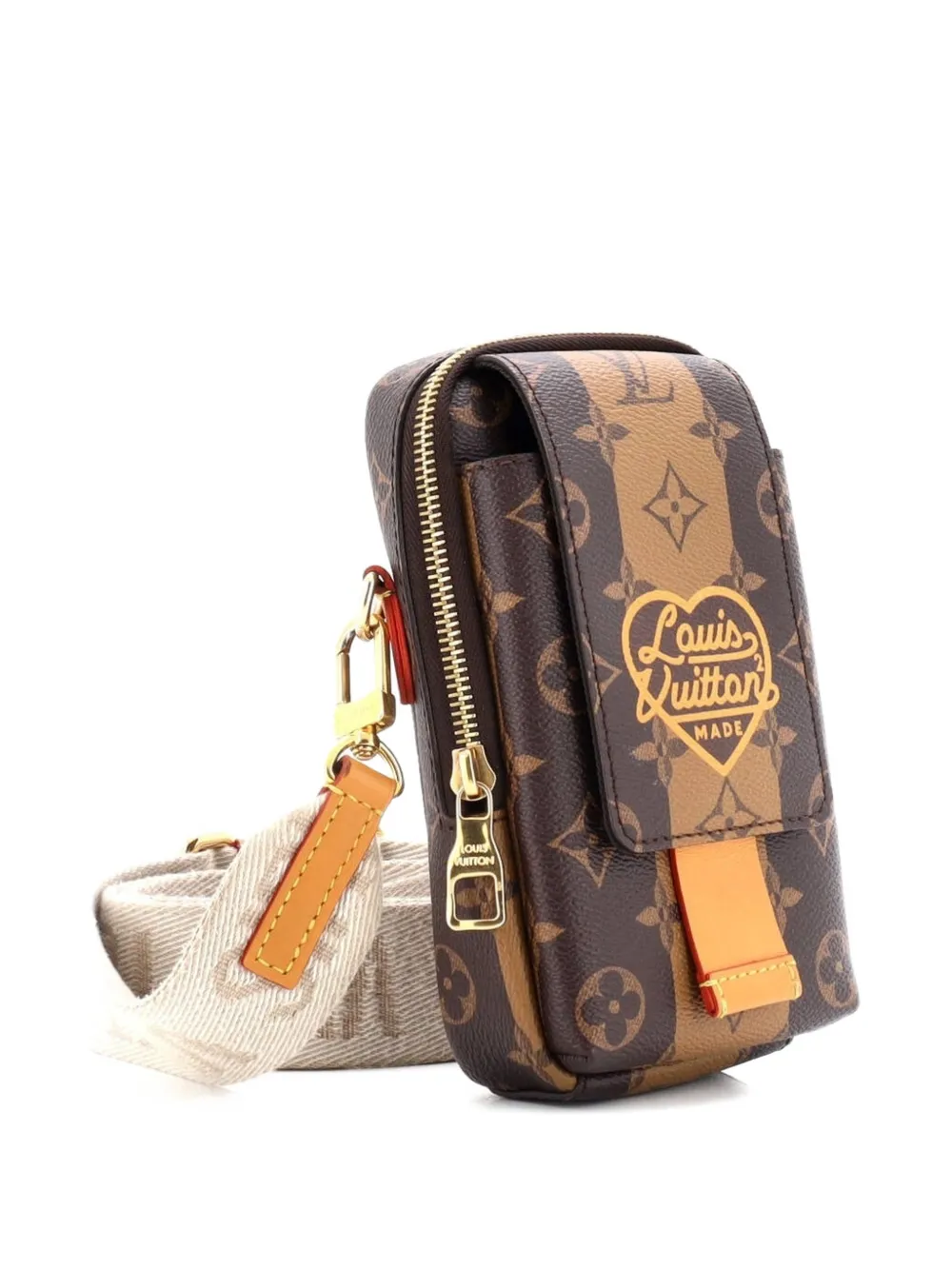 Pre-owned Louis Vuitton Nigo Flap Double Phone Pouch Limited Edition Stripes Monogram Canvas Crossbody Bag In Brown