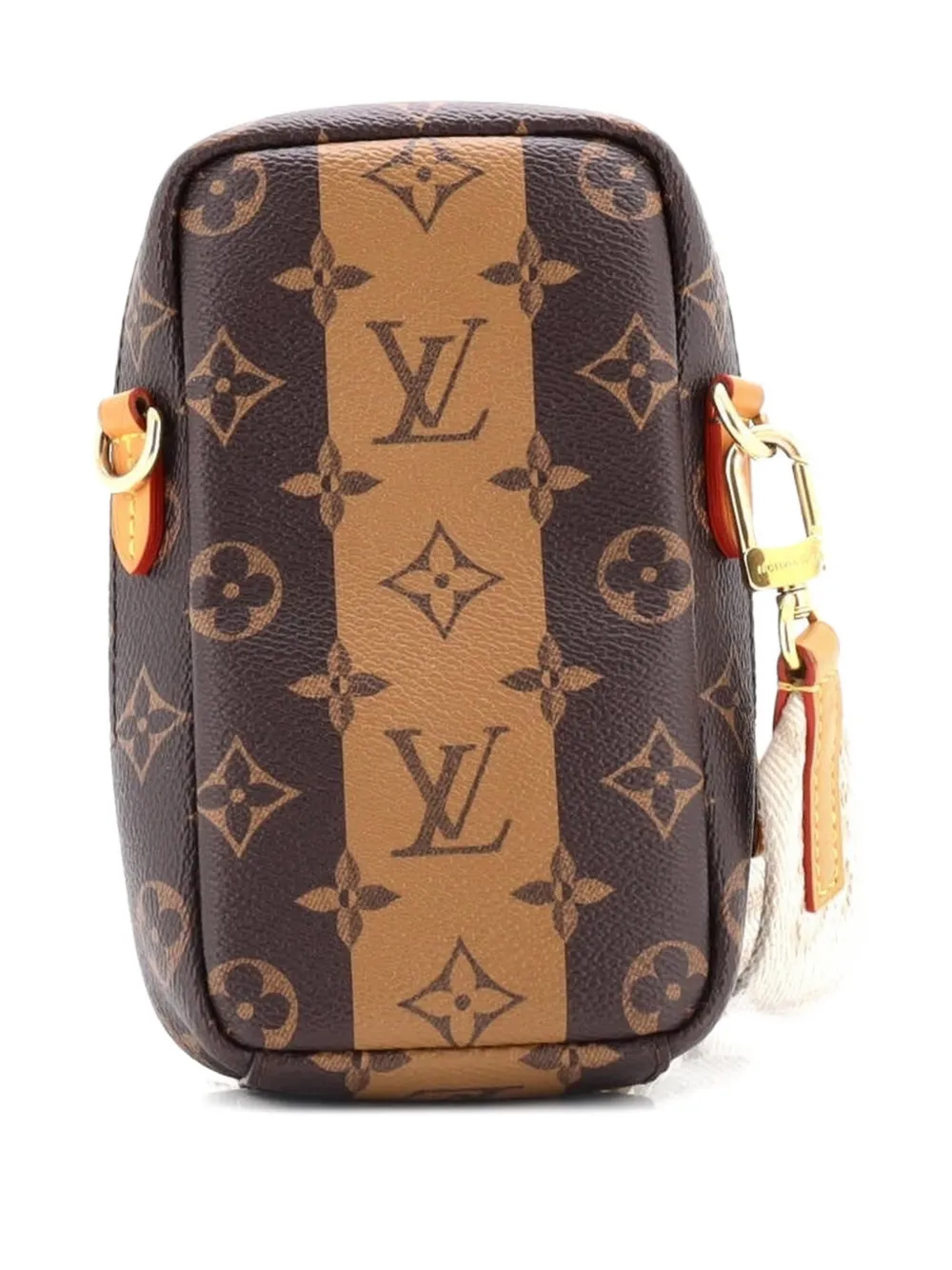 Pre-owned Louis Vuitton Nigo Flap Double Phone Pouch Limited Edition Stripes Monogram Canvas Crossbody Bag In Brown