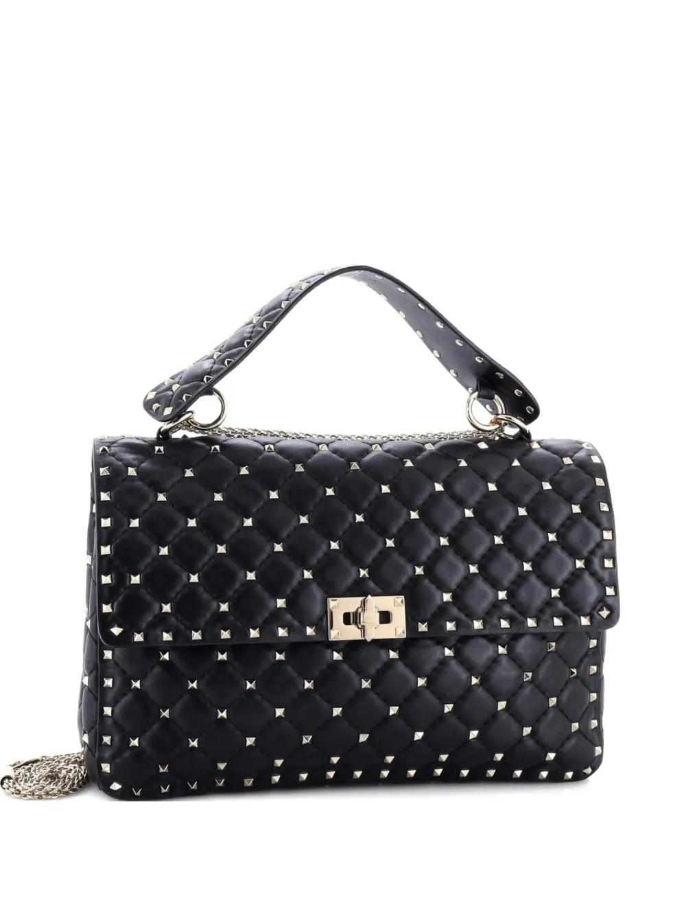 Pre-owned Valentino Garavani Rockstud Spike Flap Bag Quilted Leather Large Shoulder Bag In Black