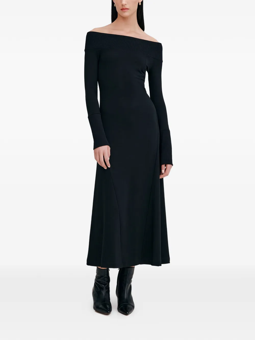 Marcella Tilly geribbelde midi-jurk met boothals - Zwart