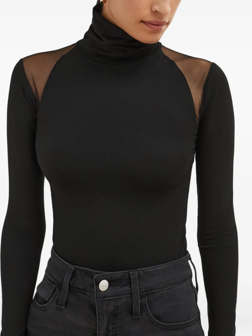 Marcella Maria top met col en mesh vlak Zwart