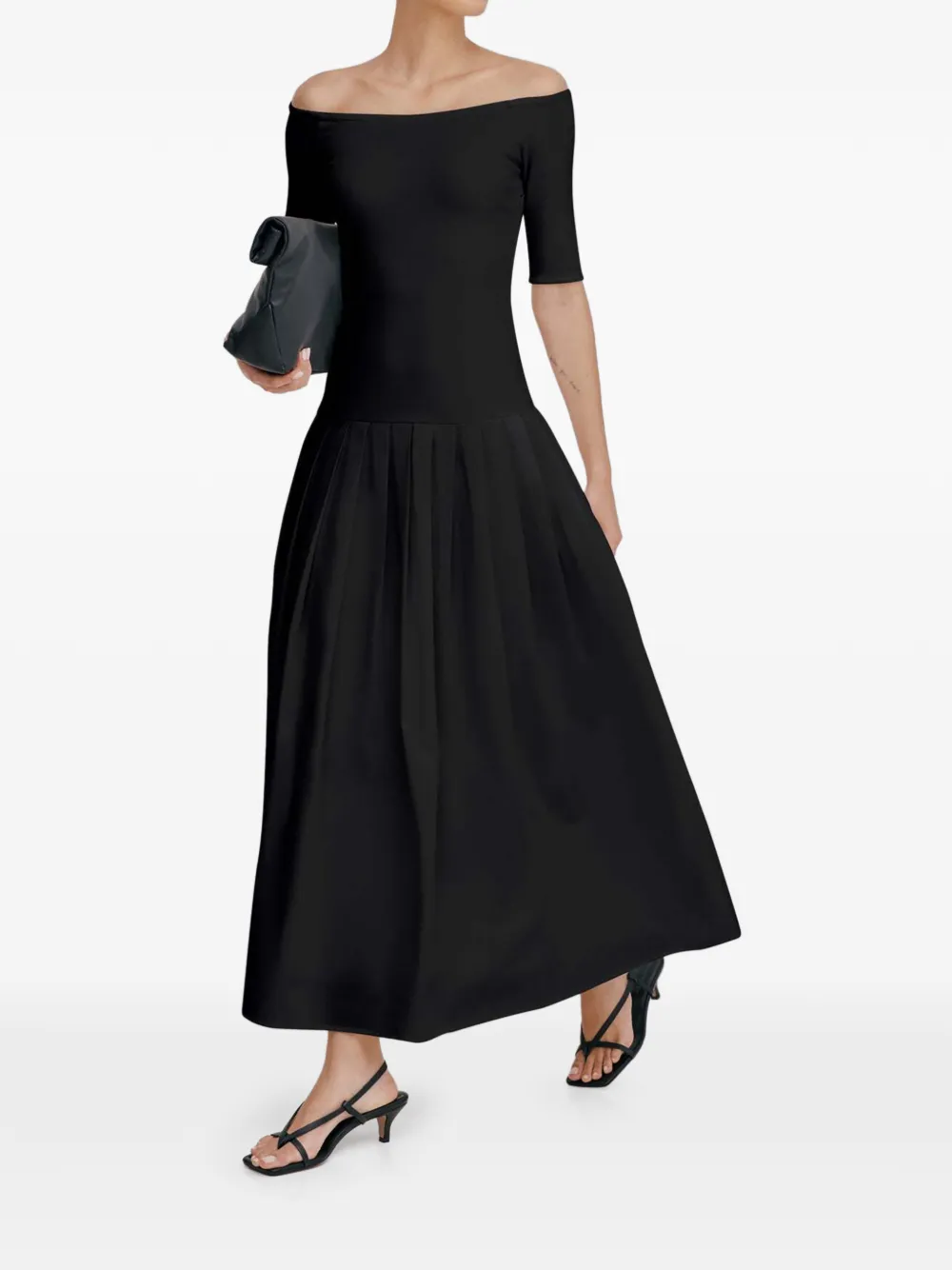 Marcella Mila geplooide off-shoulder midi-jurk - Zwart