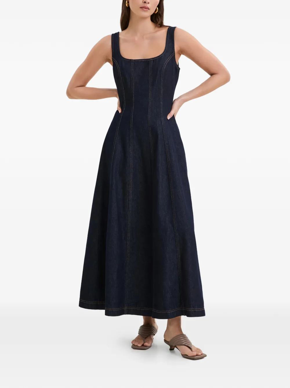 Marcella Melrose midi-jurk met vierkante hals en stiksel - Blauw