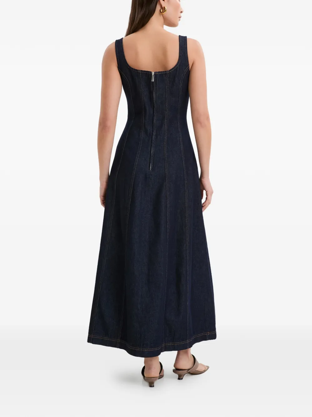  Marcella Melrose Square-neck Topstitching Midi Dress - Blue 