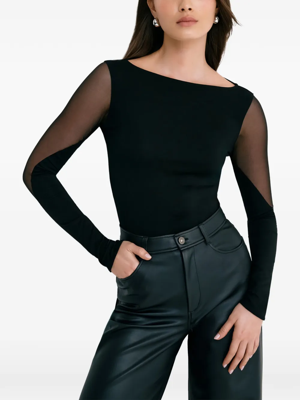  Marcella Adella Sheer-sleeve Bodysuit - Black 