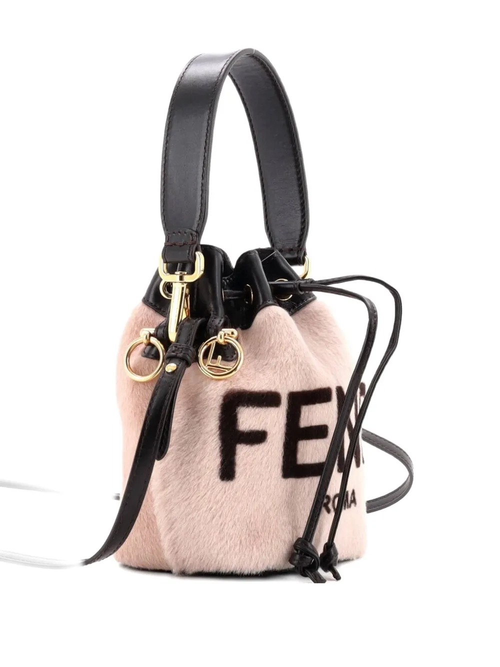 Pre-owned Fendi Logo Mon Tresor Printed Fur With Leather Mini Bucket Bag In Neutral