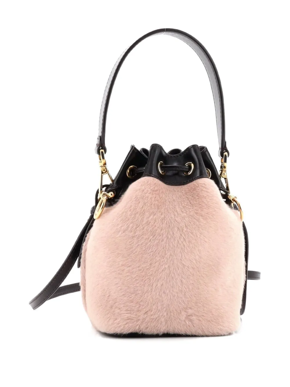 Pre-owned Fendi Logo Mon Tresor Printed Fur With Leather Mini Bucket Bag In Neutral