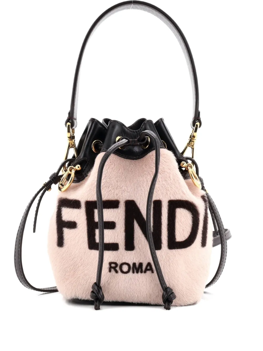 Pre-owned Fendi Logo Mon Tresor Printed Fur With Leather Mini Bucket Bag In Neutral