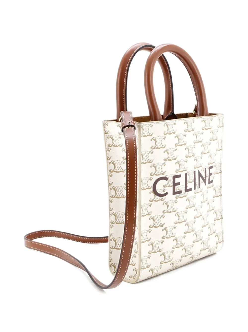 Pre-owned Celine Vertical Cabas Tote Triomphe Coated Canvas Mini Satchel In Neutral
