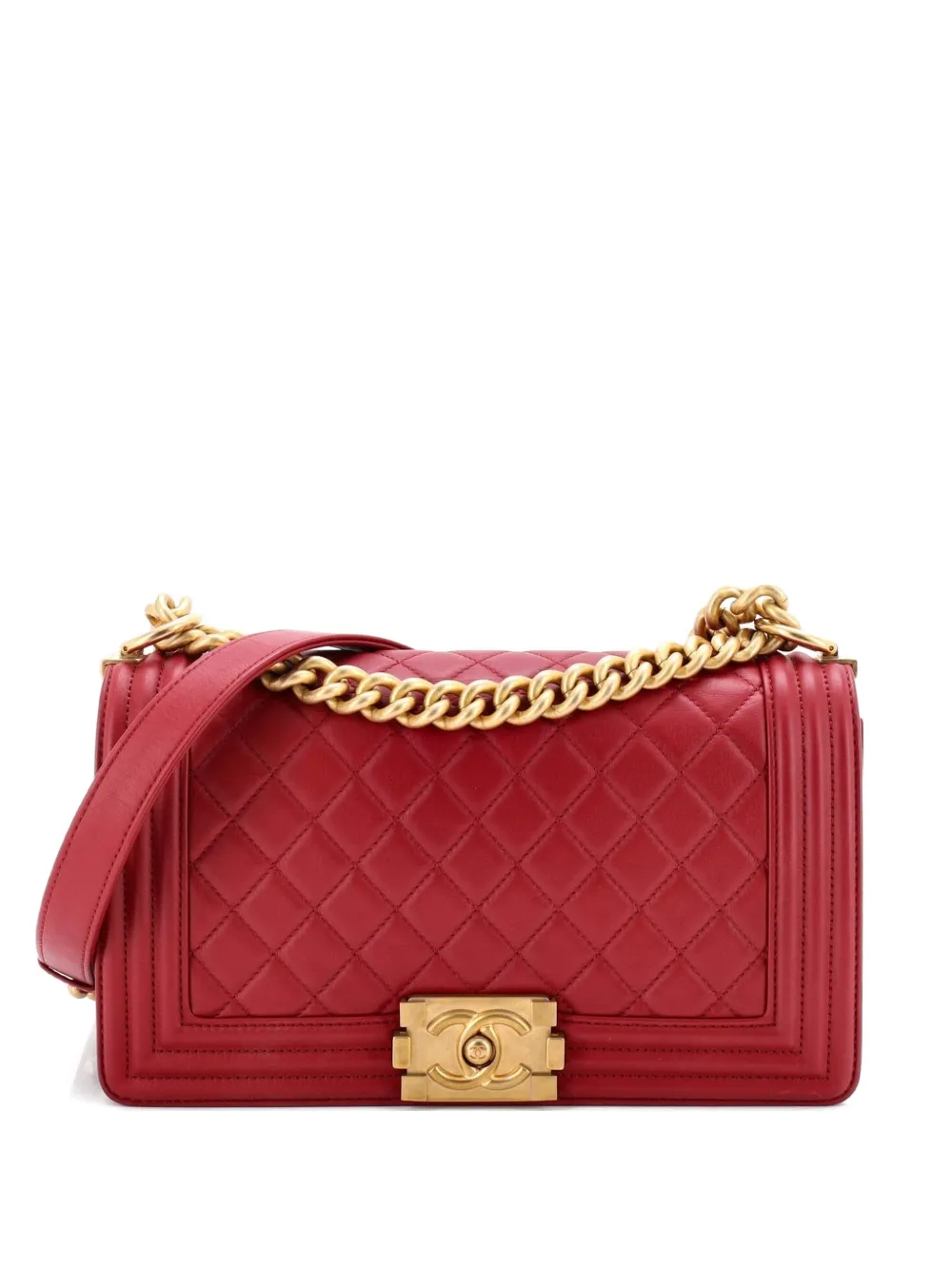 Pre-owned Chanel Boy Flap Bag Quilted Lambskin Old Medium Shoulder Bag In Red